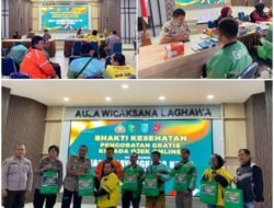 Sambut HUT Bhayangkara, Polres Dumai Gelar Bakti Sosial Berikan Pengobatan Gratis dan Bagikan Sembako, kepada Pengemudi Ojol