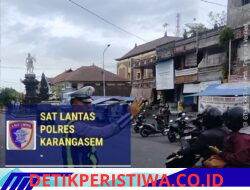 Rutinitas Pos Sore Satlantas Polres Karangasem, Lakukan Gatur Lalin di Depan Pasar Senggol Jalan Gajah Mada Amlapura