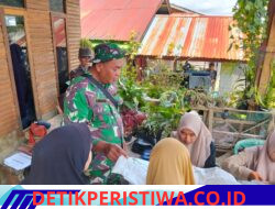 Babinsa Koramil 05/Linge Dampingi Penyaluran Beras Bulog untuk Warga Desa Antara