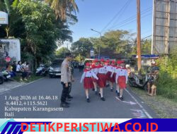 Semarakkan HUT RI ke-81, TNI-Polri dan Satpol PP Bersinergi Kawal Lomba Gerak Jalan Tingkat SD di Kec. Bebandem