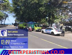 Cegah Laka Lantas, Satlantas Polres Karangasem Berikan Himbauan Tidak Parkir Truk Sembarangan di Kawasan Wisata Candidasa